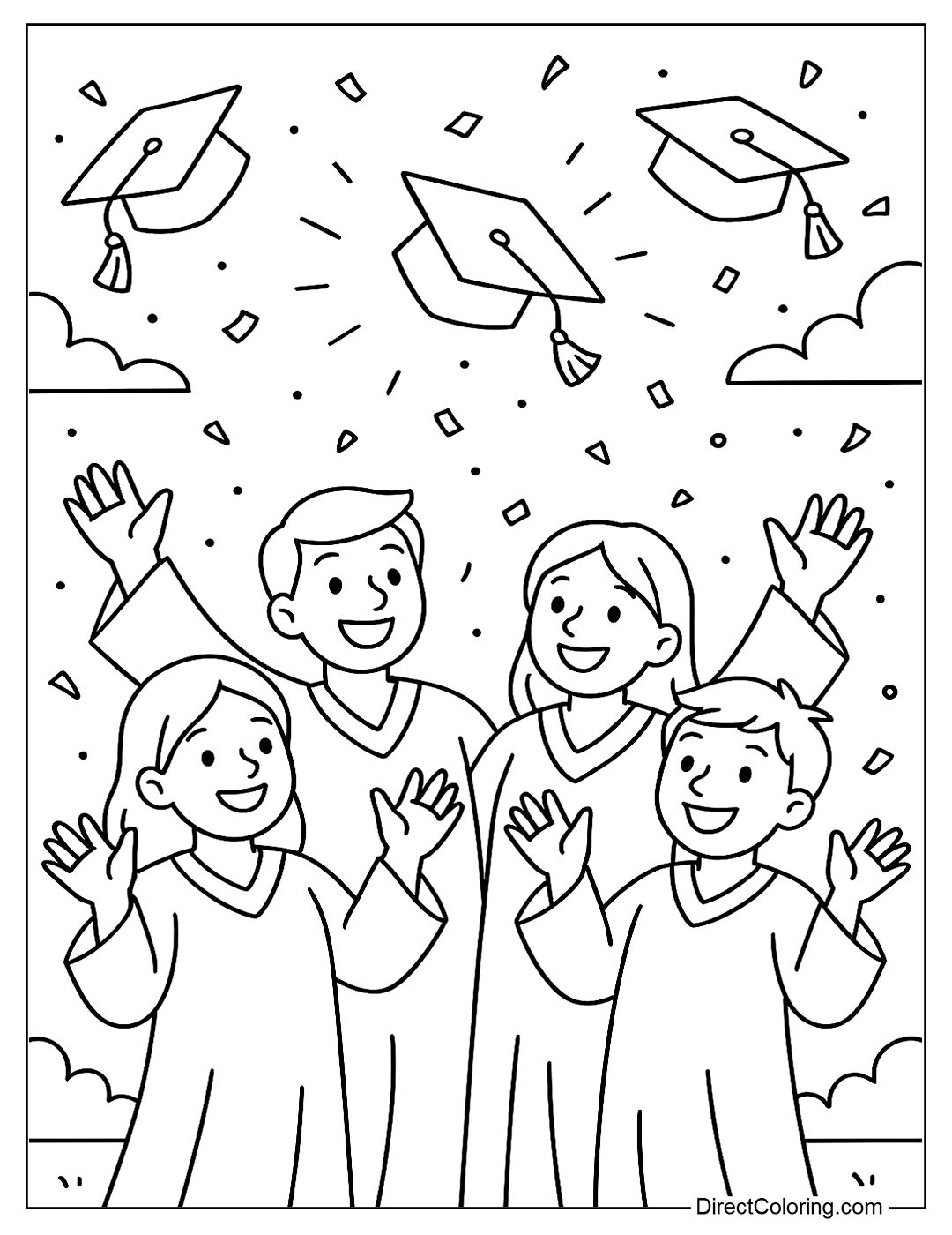a coloring page of graduation caps flying into the sky, with happy students below.